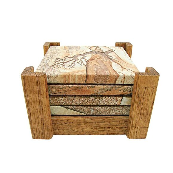 Set Of 4 Ornate Sandstone Tile Cork Back Coasters Wildlife Wooden Stand Pottery - Picture 2 of 8